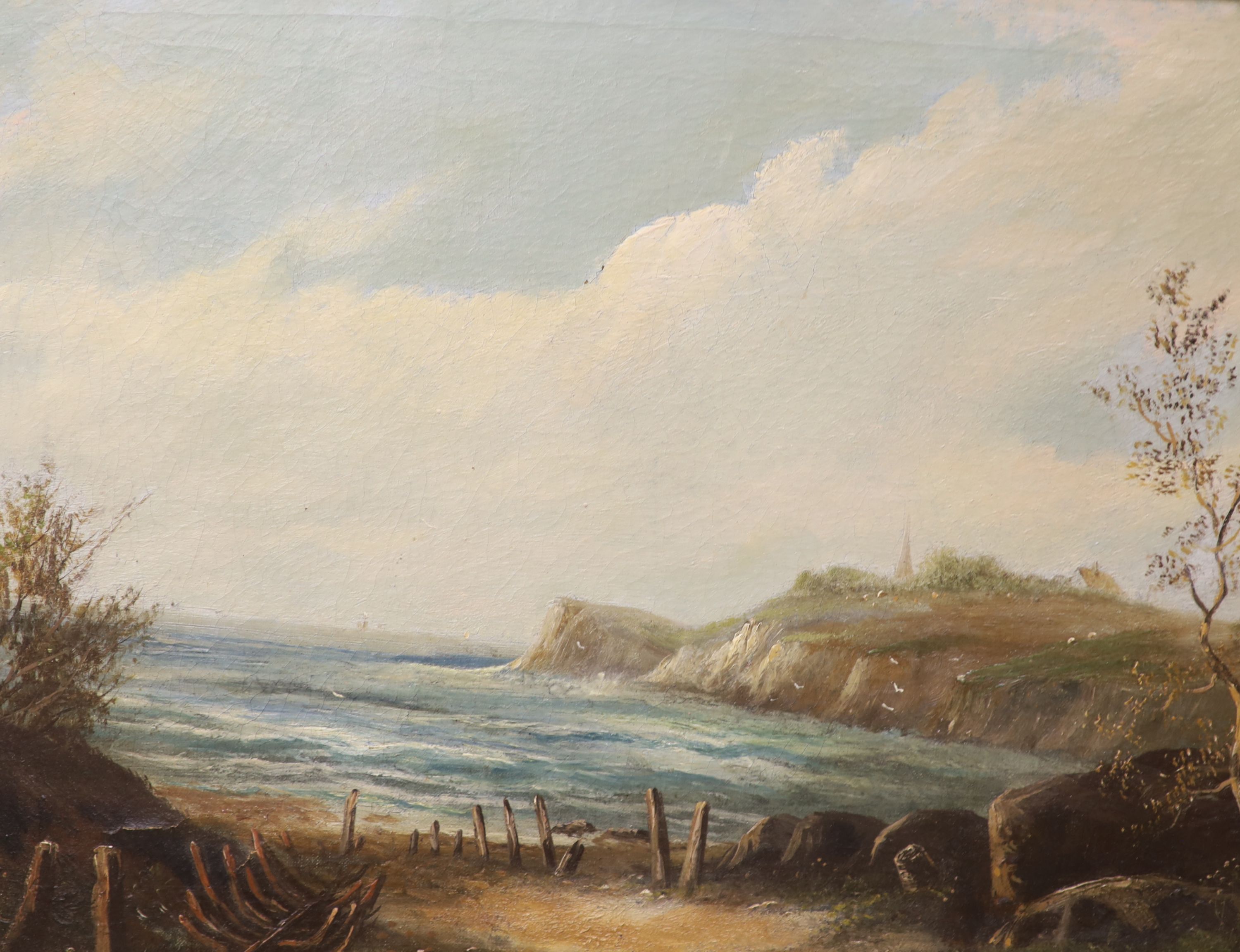 R. Marshall, oil on canvas, Waterfall, 50 x 39cm and a Coastal landscape by another hand, 36 x 49cm